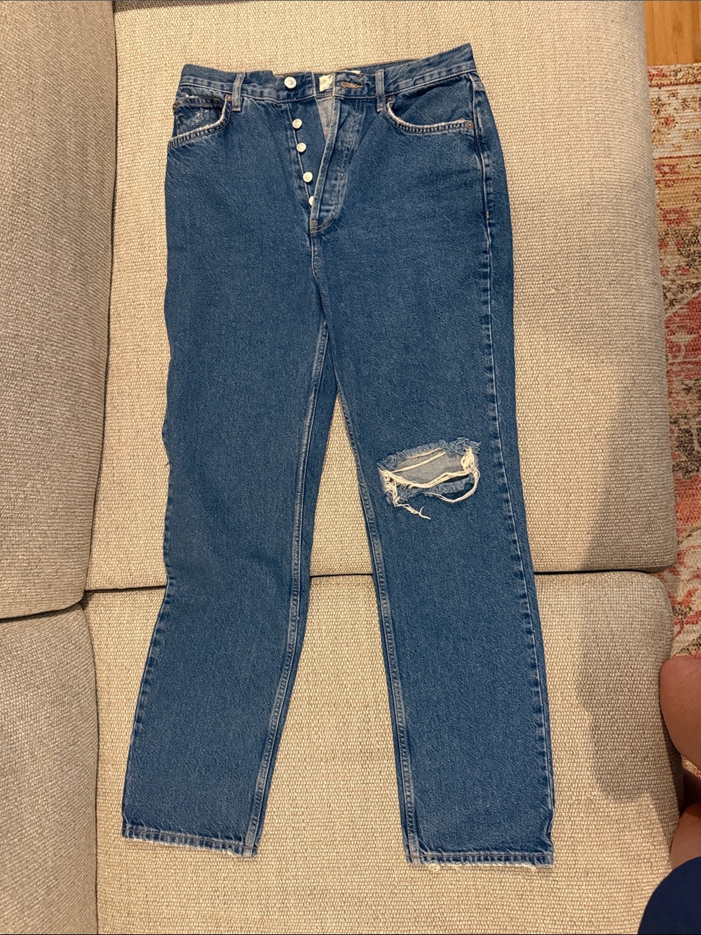 We The Free Button-Fly Distressed Mid Blue Boyfriend Jeans